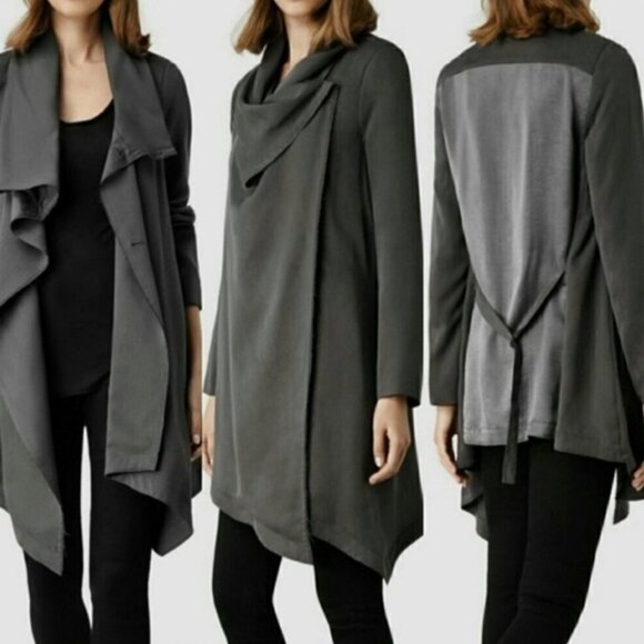 AllSaints | Hoxton Monument Coat in Charcoal Grey Raw Hem - Picture 2 of 16